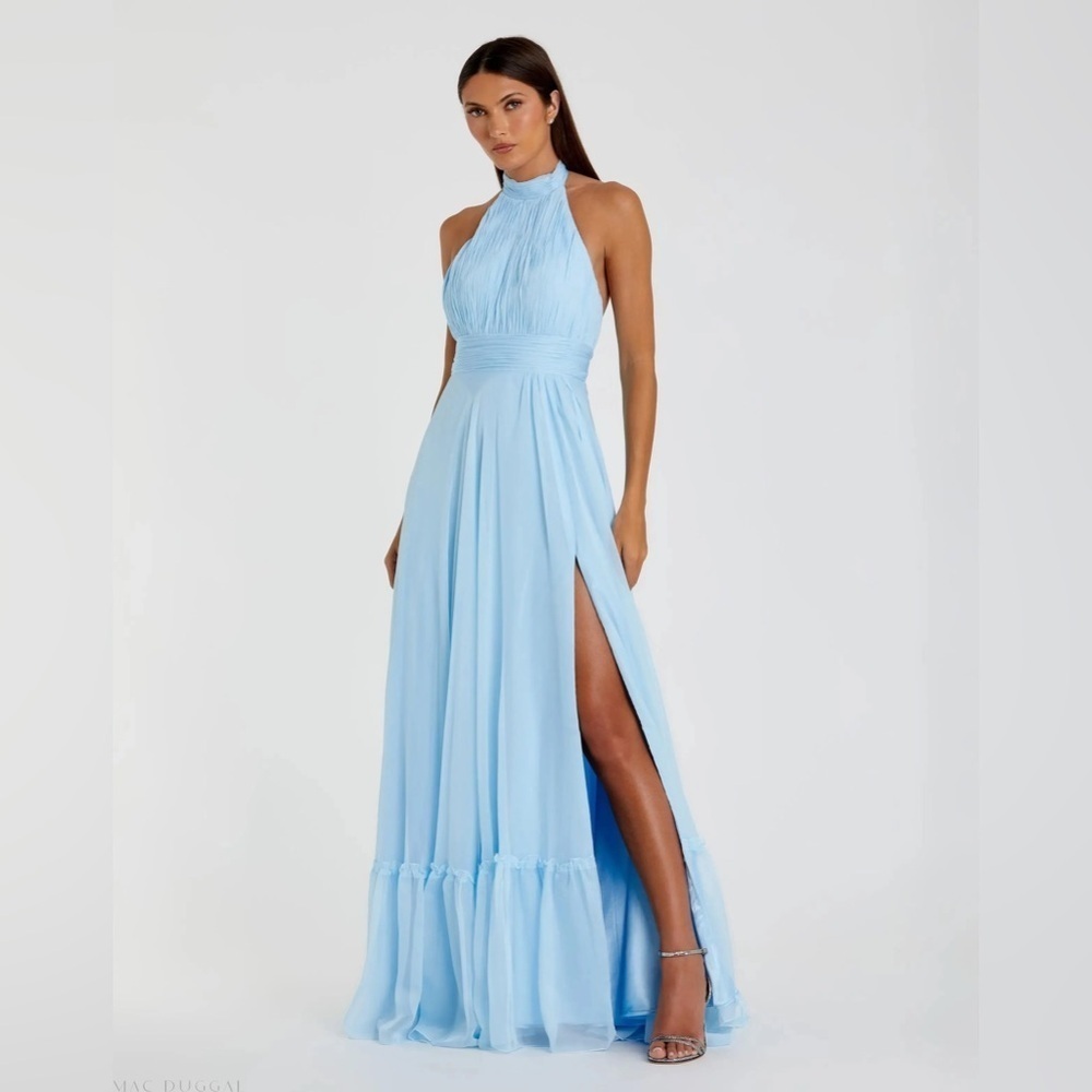 *Flawed Mac Duggal 67816 NWT Blue High Neck Tiered Chiffon Halter Gown